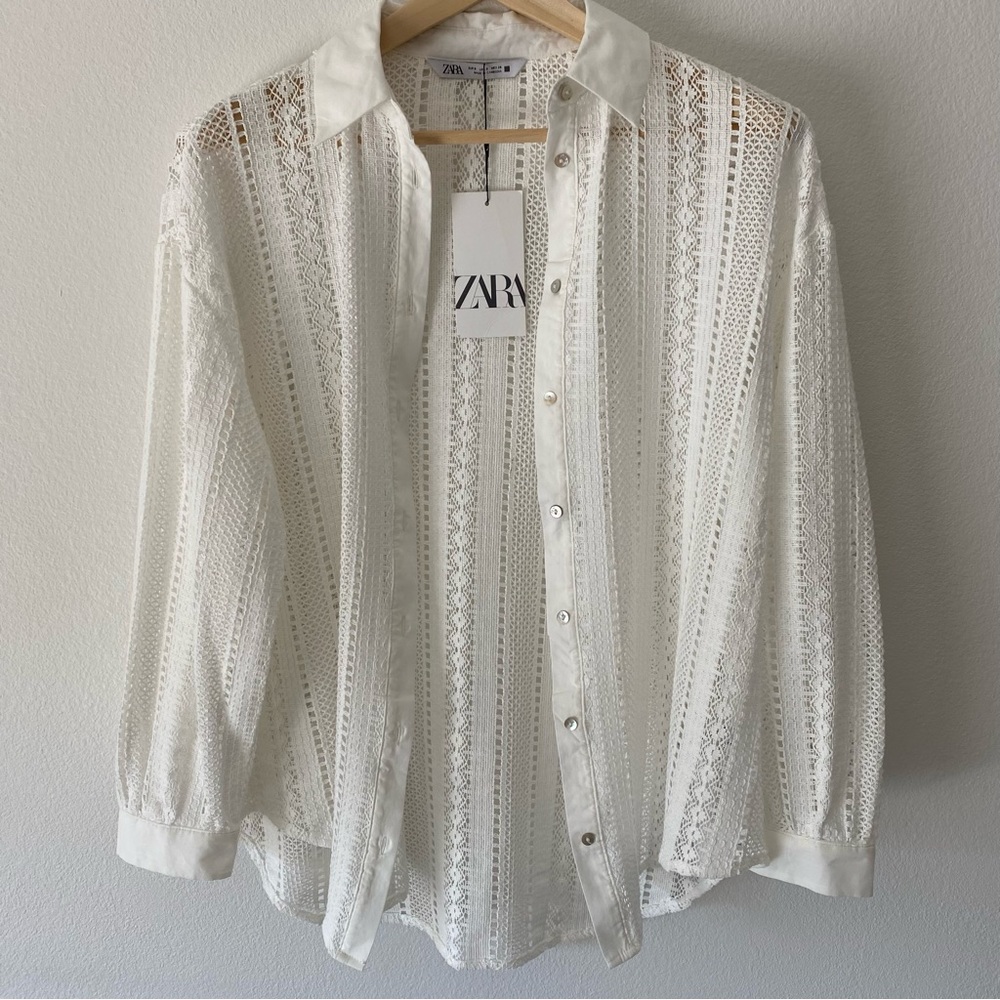 Zara eyelet open work crochet shirt size S